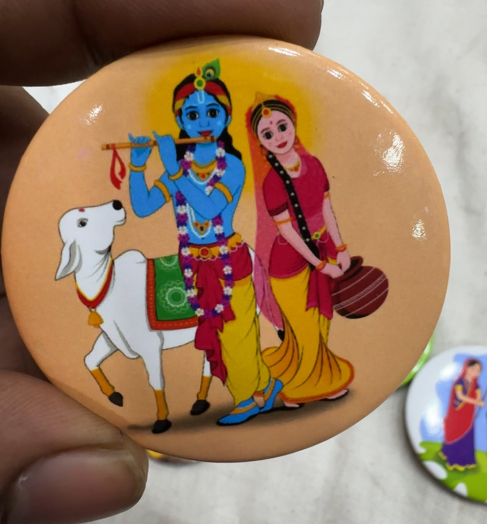 Radha krishna pin badge with cow