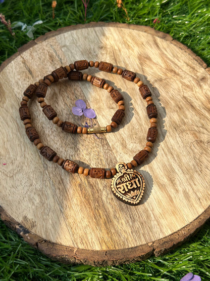 1 inch Shri radha heart shape locket with brown radha engraved tulsi mala (ghee dipped)