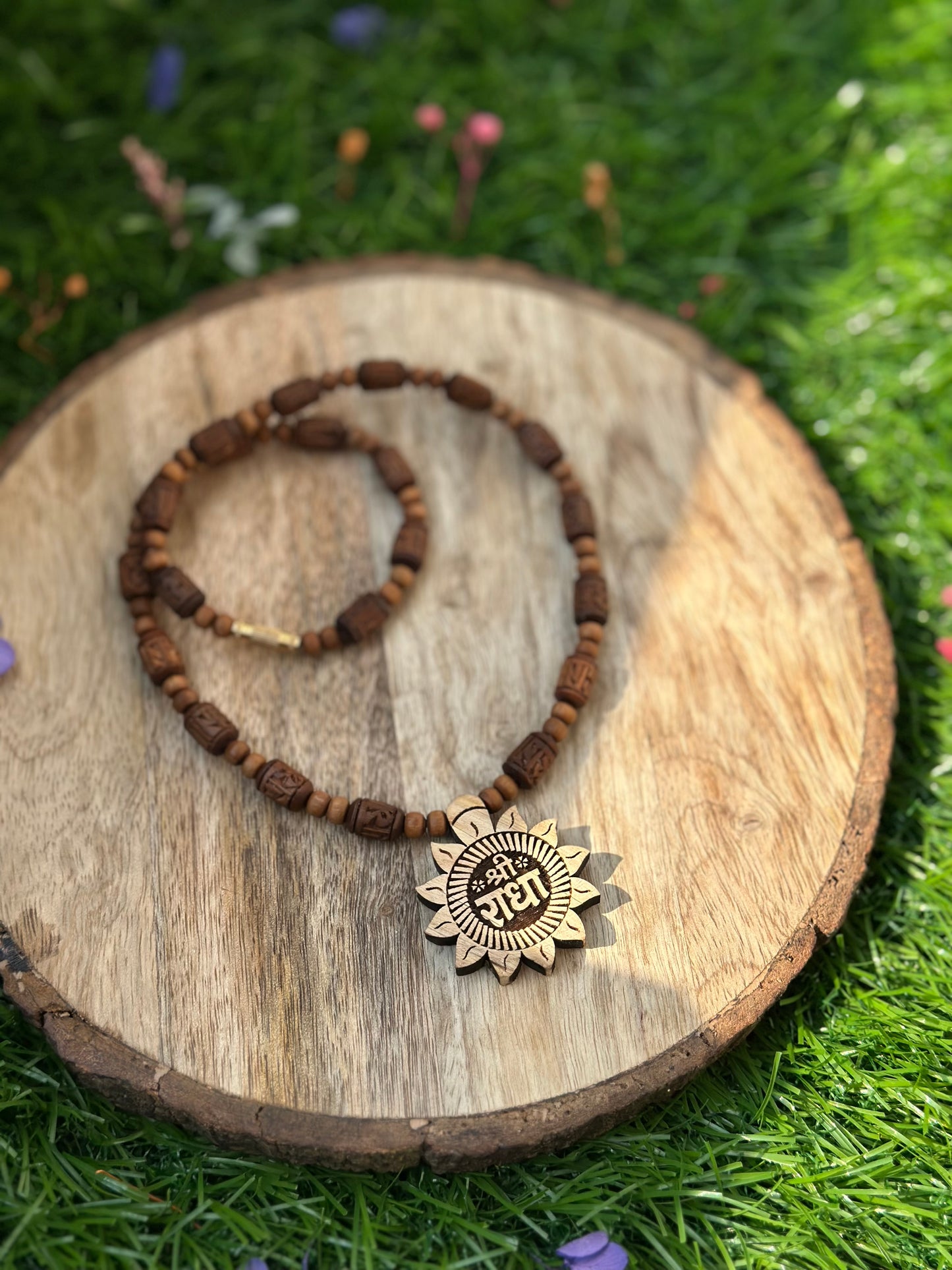 Shri radha star shape locket with brown radha engraving tulsi mala (ghee dipped)