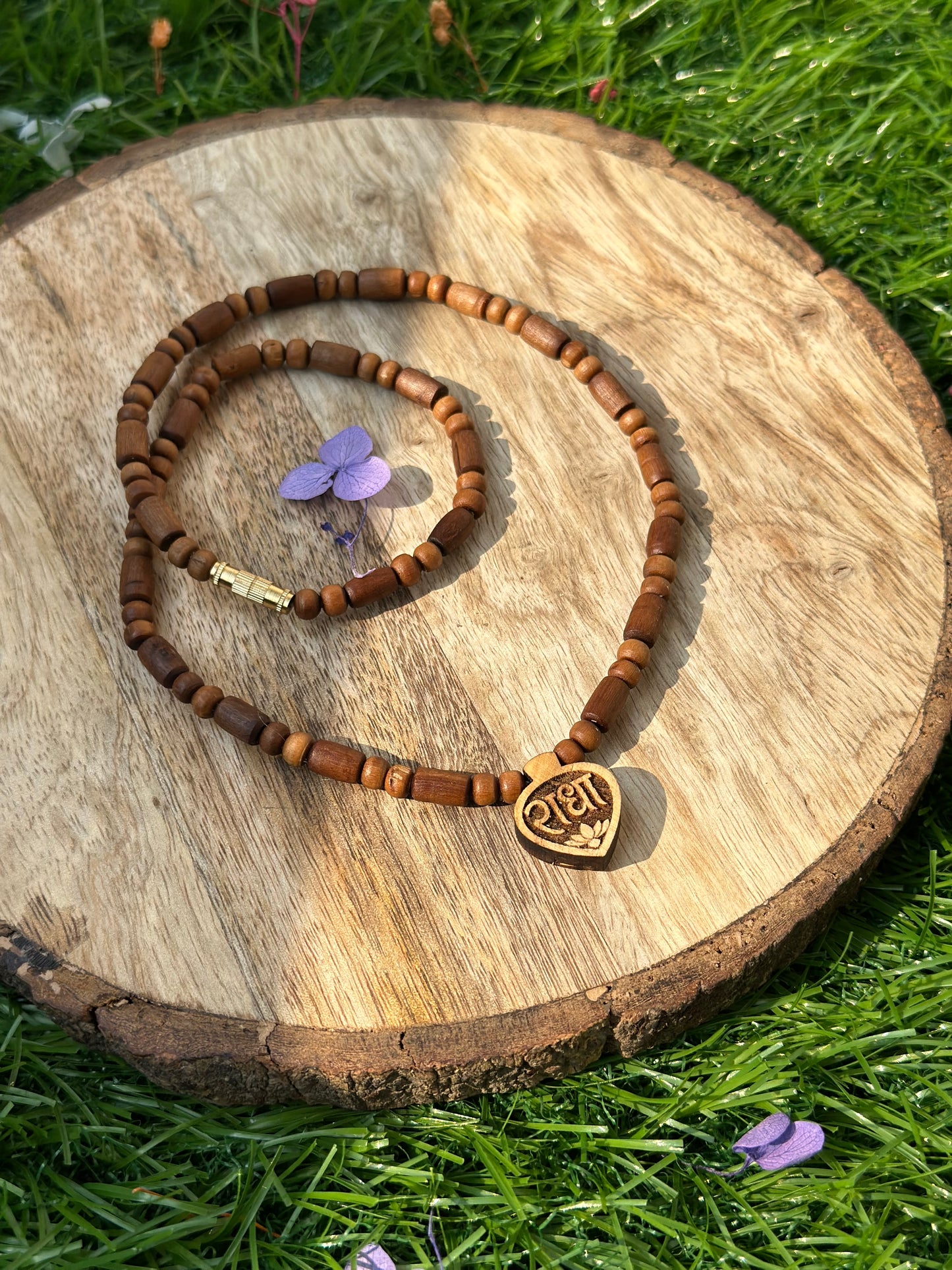 Small radha locket with long bead brown tulsi mala (ghee dipped)