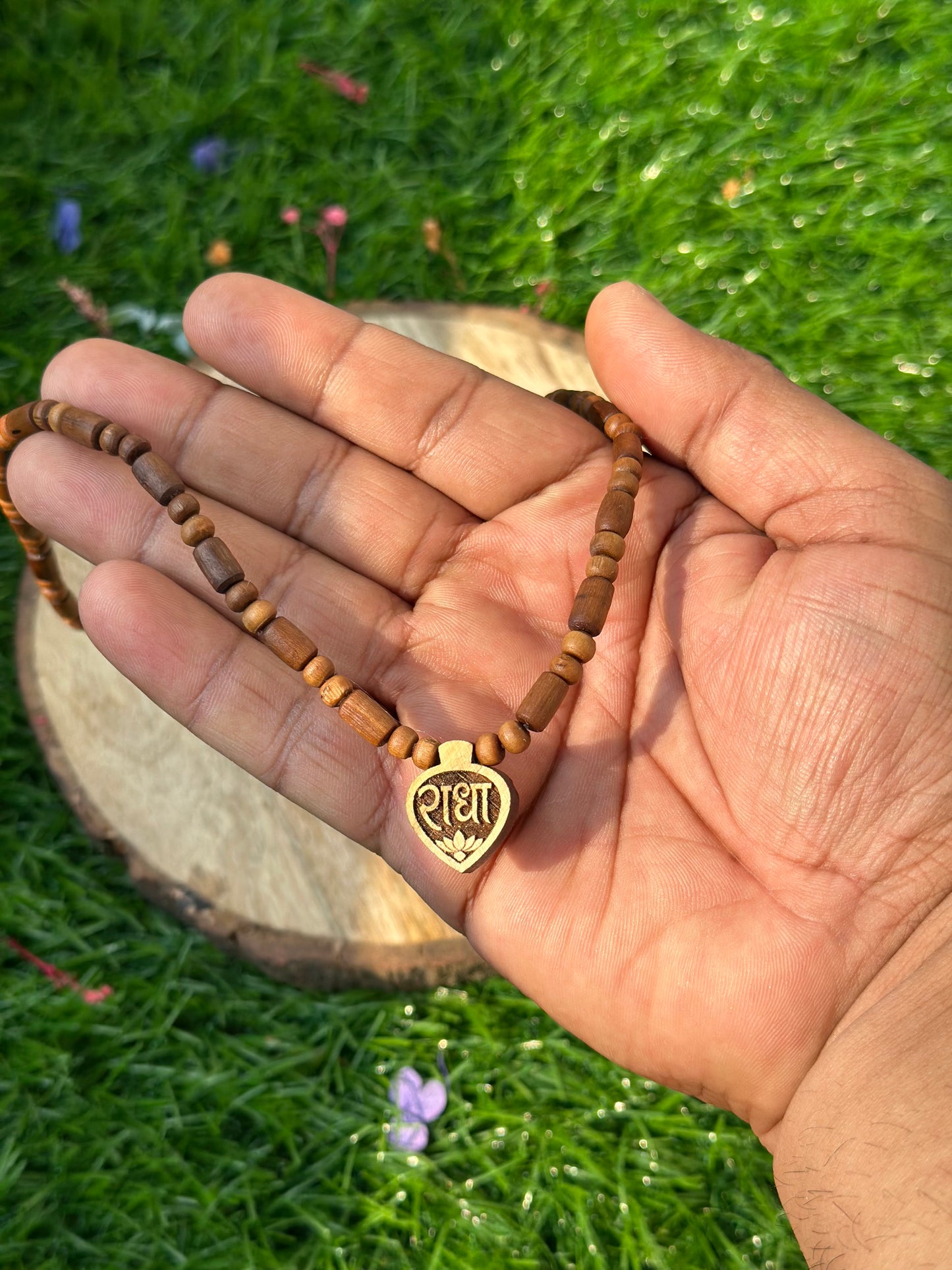 Small radha locket with long bead brown tulsi mala (ghee dipped)