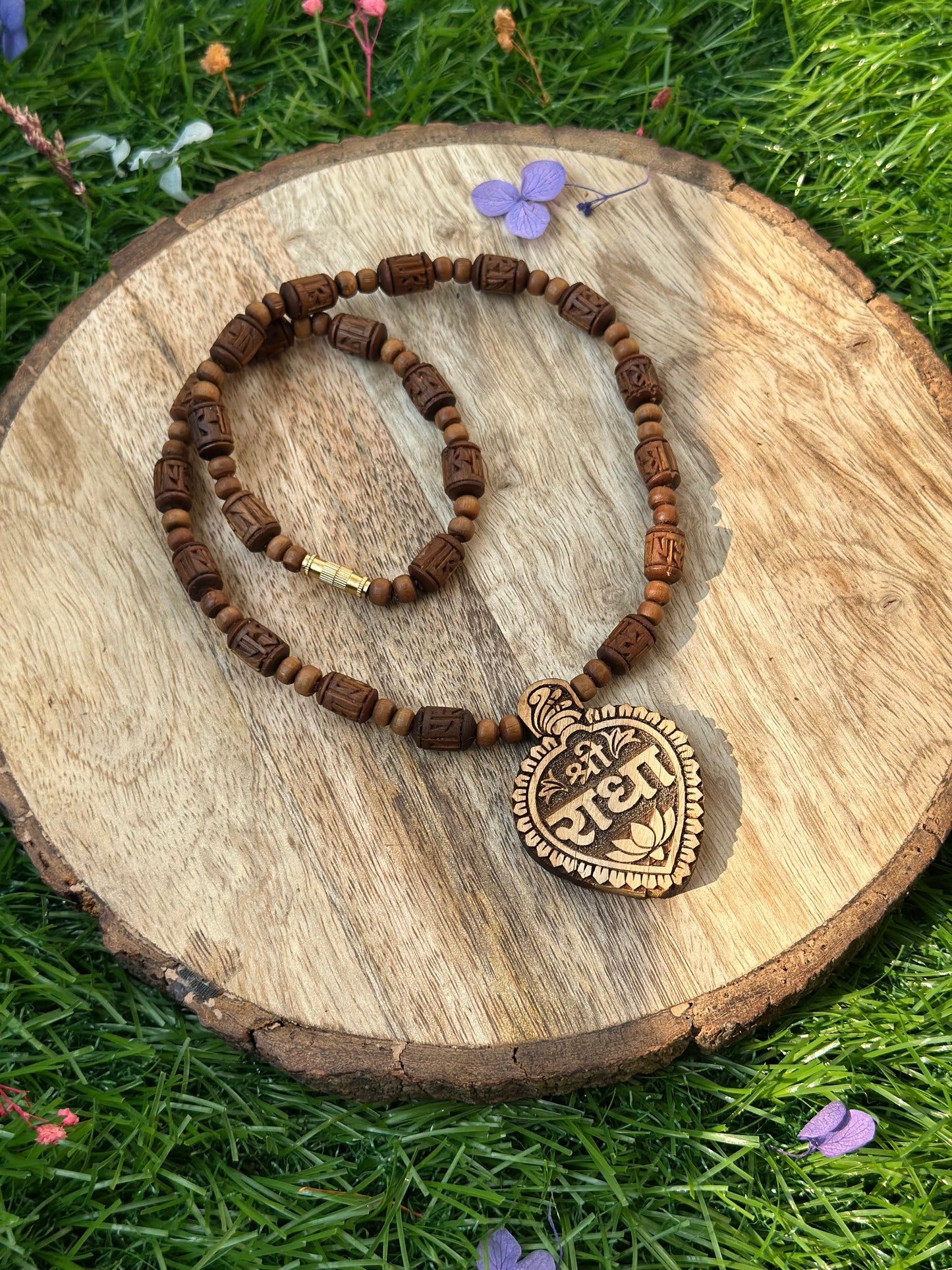 2 inch Shri radha locket with radha engraved brown tulsi Kanthi mala  (ghee dipped)