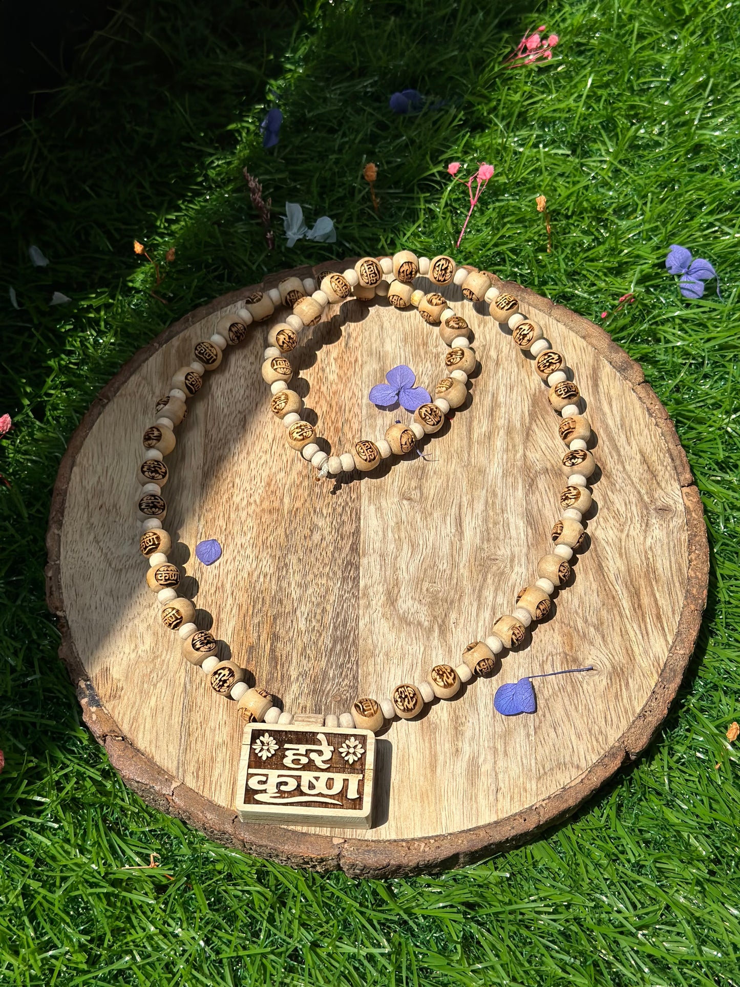 24 Inch Pure Tulsi Bhaktmaal Mala with Shri Krishna Pendant & Hare Krishna Engraved Beads | Original Vrindavan Tulsi Mala