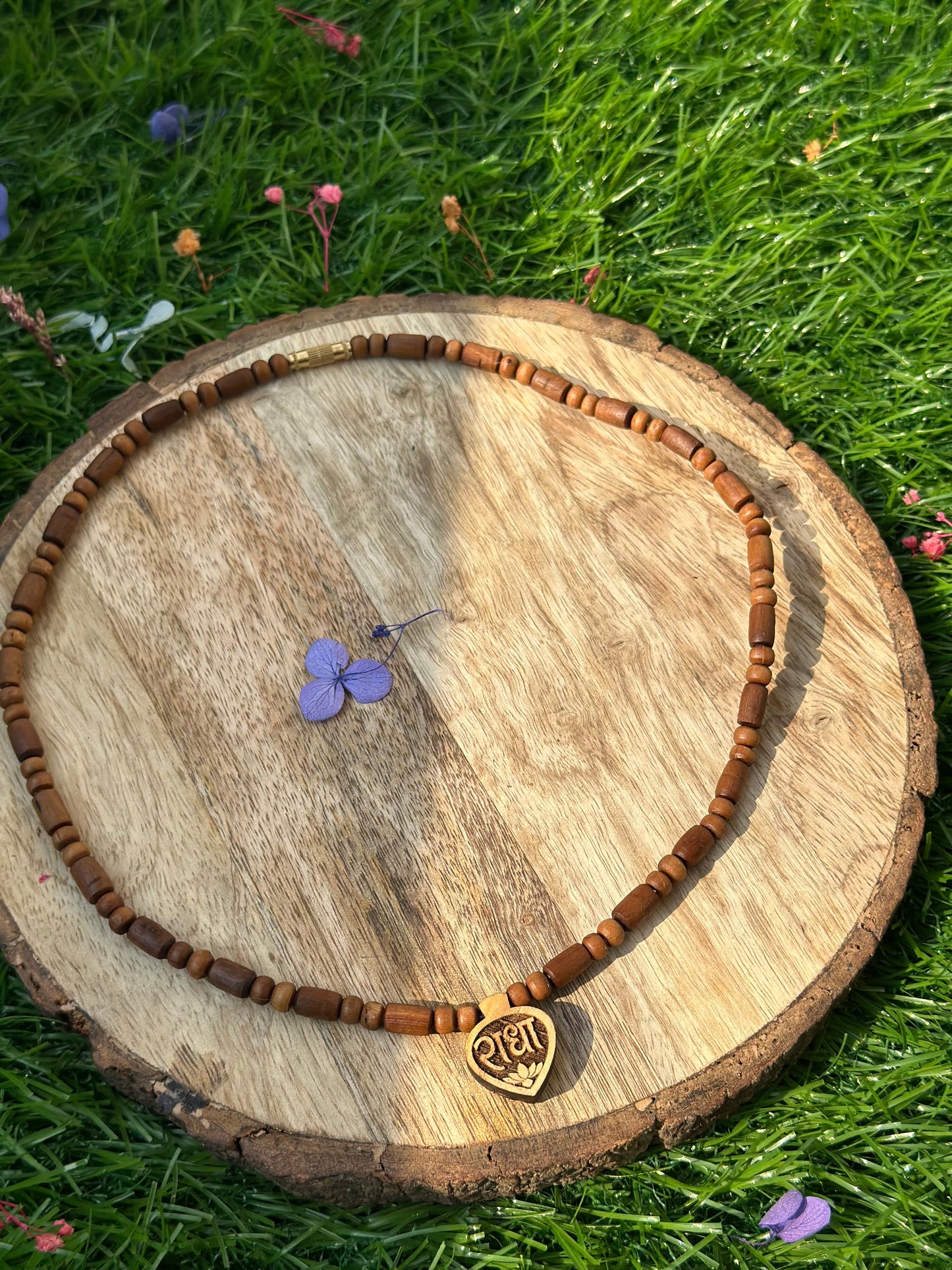 Small radha locket with long bead brown tulsi mala (ghee dipped)