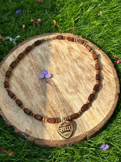 1 inch Shri radha heart shape locket with brown radha engraved tulsi mala (ghee dipped)