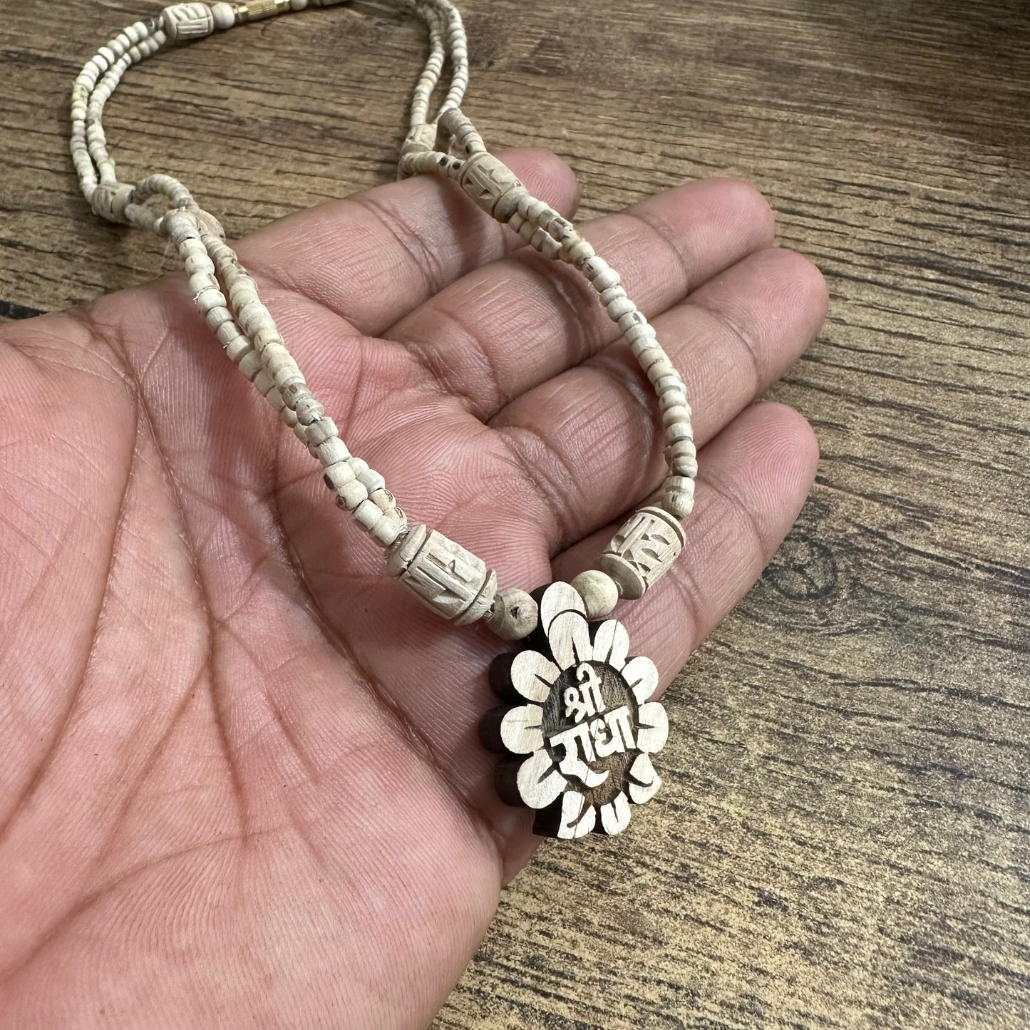 Shri radha flower jugal mala with radha hand engraved bead pure tulsi mala 18 inch 1 round