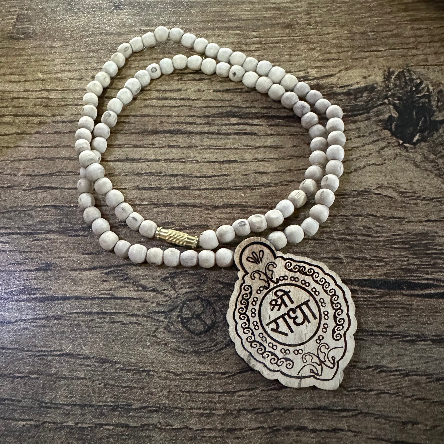1 round pure shri radha naam tulsi mala 6 mm bead size (unique design)