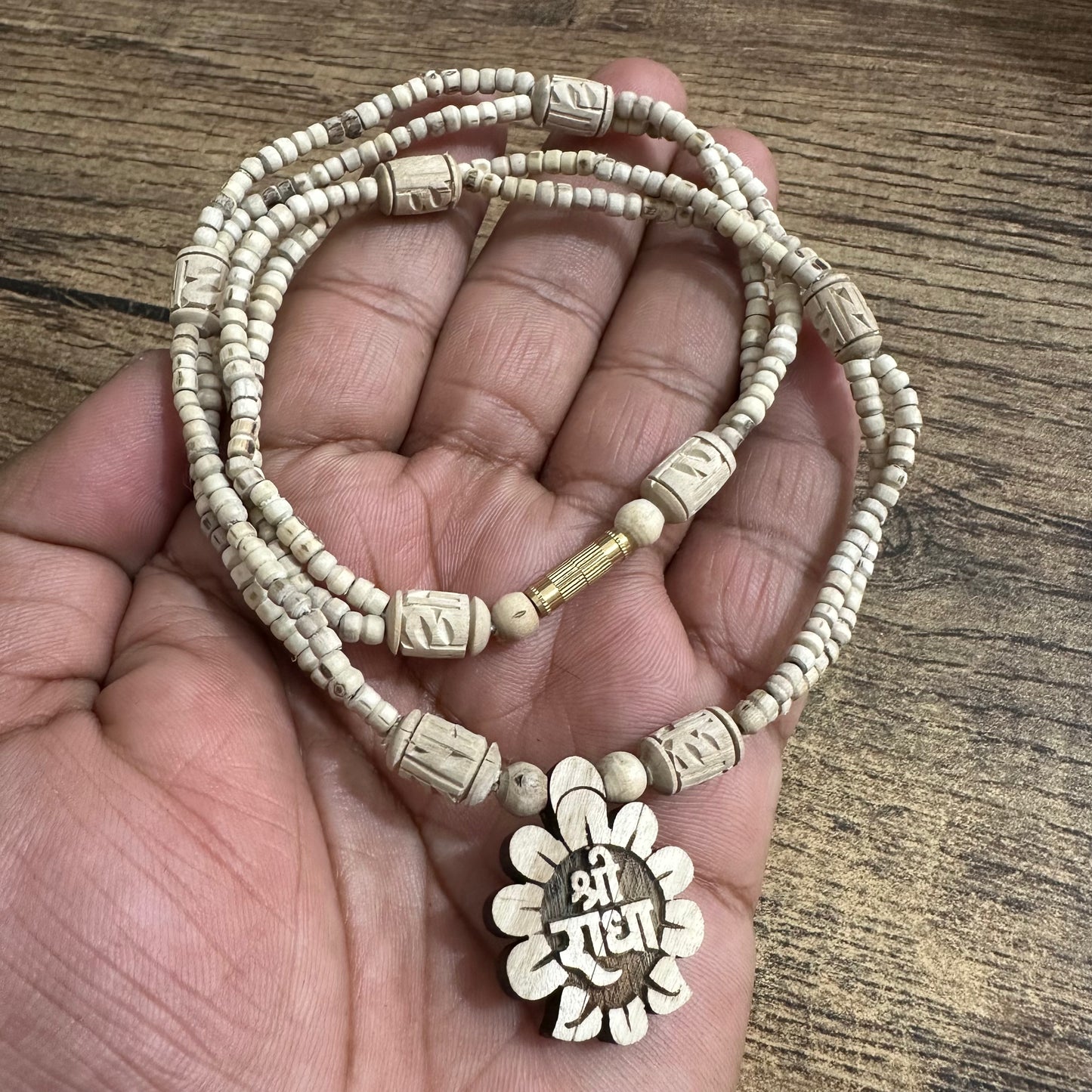 Shri radha flower jugal mala with radha hand engraved bead pure tulsi mala 18 inch 1 round